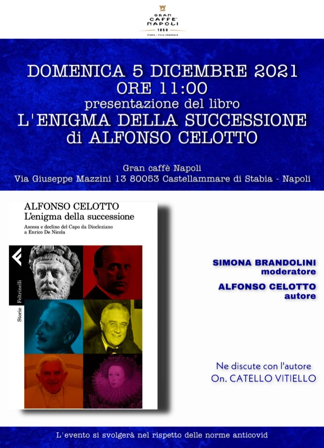 Castellammare di Stabia domenica 5 dicembre 2021 Presentazione del libro di Alfeonso Celotto”L’Enigma della Successione”