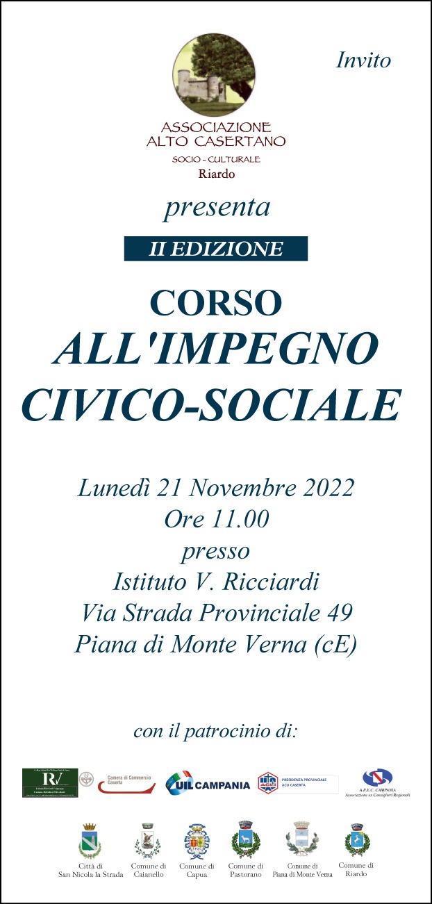 Lunedi 21 novembre Piana di Monte Verna(CE):l’associazione Alto Casertano presenta il Corso all’impegno civico-sociale