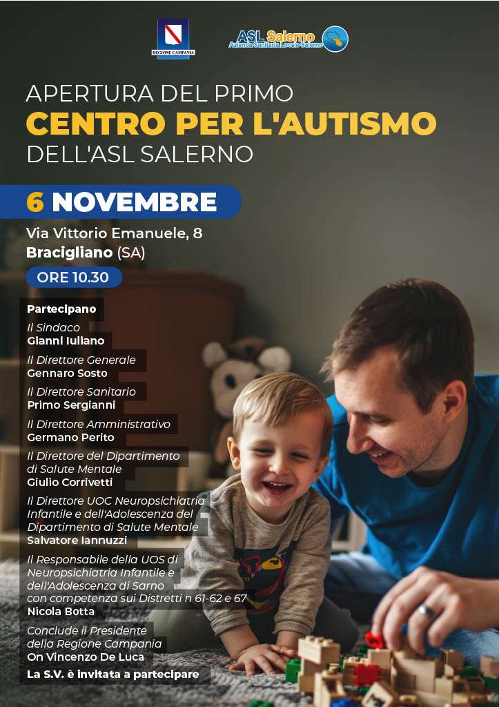 Bracigliano  alla presenza del Presidente Vincenzo De Luca ,su iniziativa in cui ha creduto e fortemente  voluto il Sindaco Gianni Iuliano, domani 6 novembre ore 10.30 in via V.Emanuele si  apre il primo “Centro per l’Autismo”dell’Asl di Salerno.